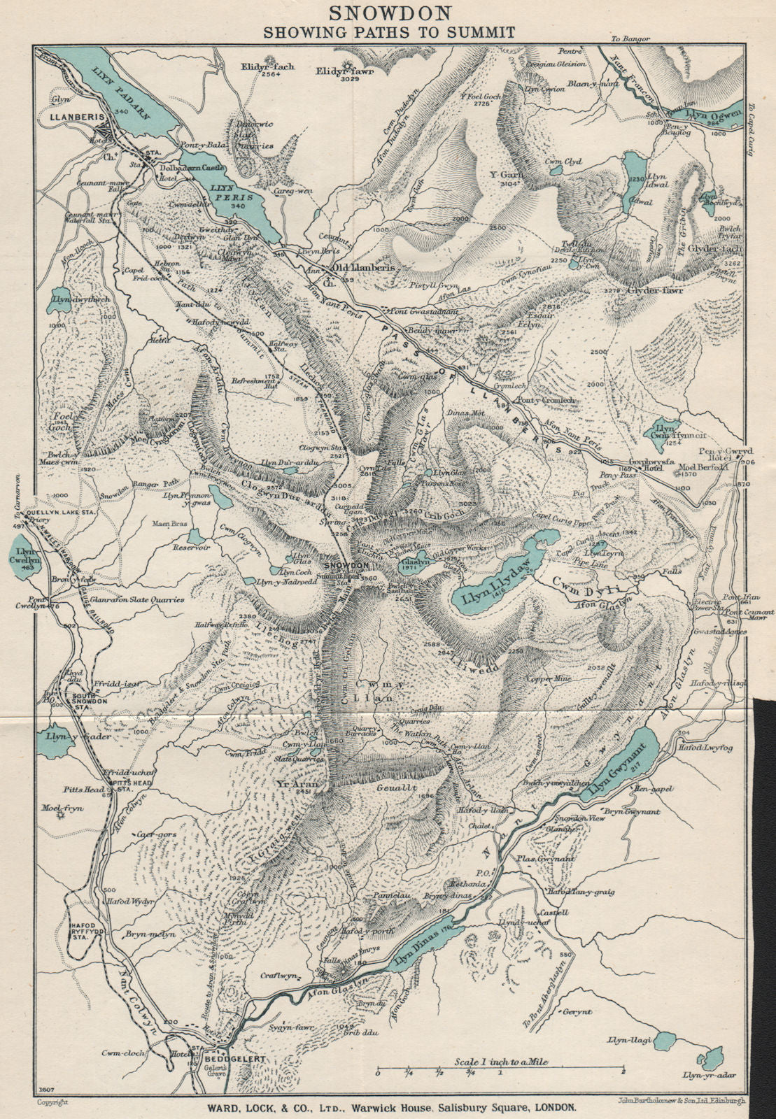 SNOWDON SHOWING PATHS TO SUMMIT. Llanberis. WARD LOCK 1930 old vintage map